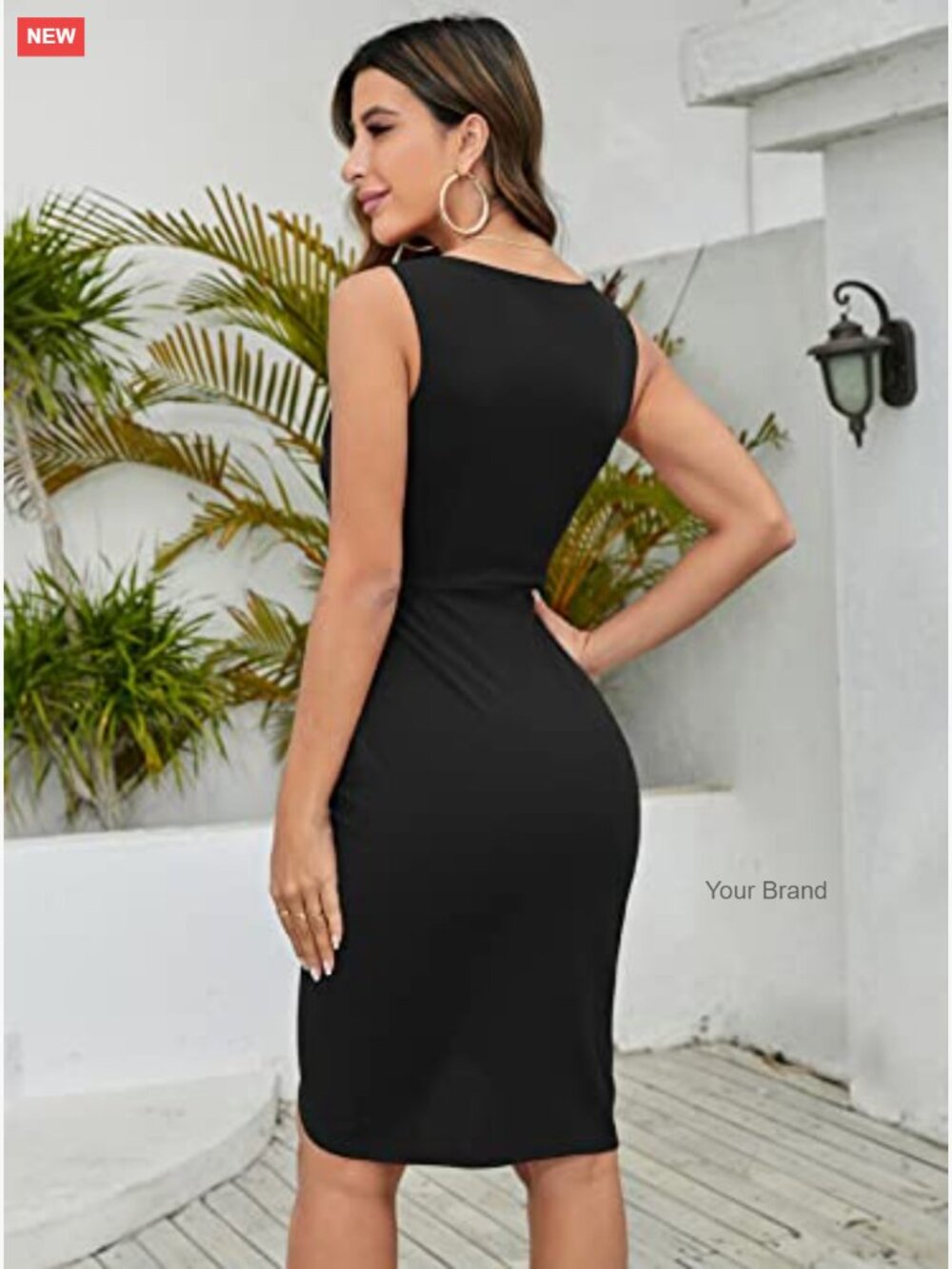 Sexy V Neck Sleeveless Faux Wrap Ruched Sheath Bodycon Cocktail Party Work Dress - Picture 3 of 7